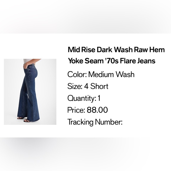 Express Mid Rise Dark Wash Raw Hem Yoke Seam 70’s Flare Jeans Size 4 Short NWT - Picture 9 of 12
